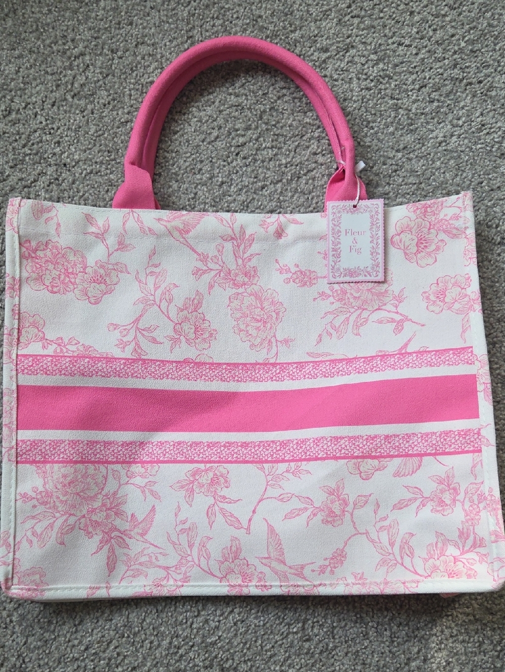 Floral Stripe Tote Bag in Bright Pink NWT